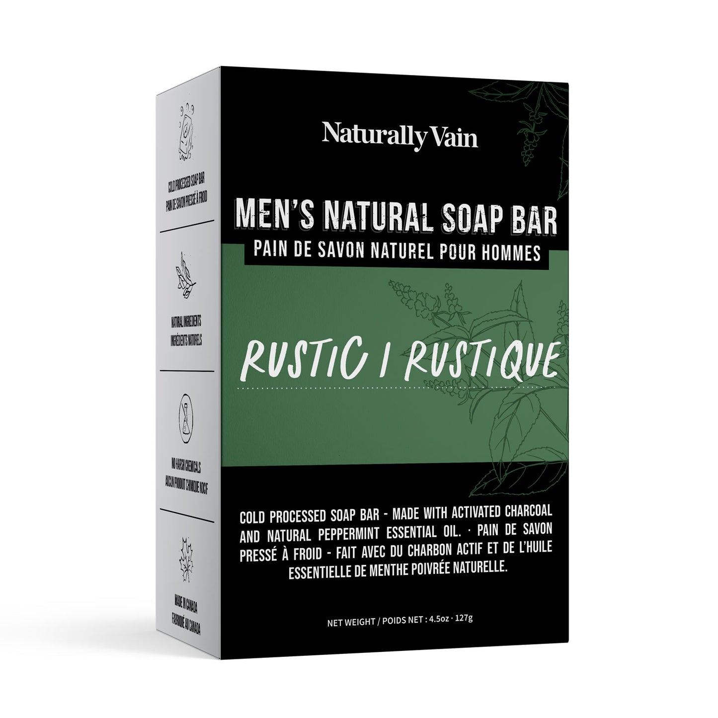 Rustic: Cold Processed Mens Soap Bar with Peppermint + Charcoal for Refreshing Cleanse