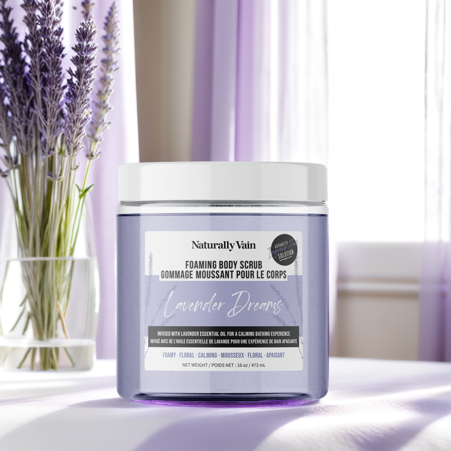 Lavender Dreams: Calming + Hydrating Foaming Body Scrub for Stress-Prone Skin