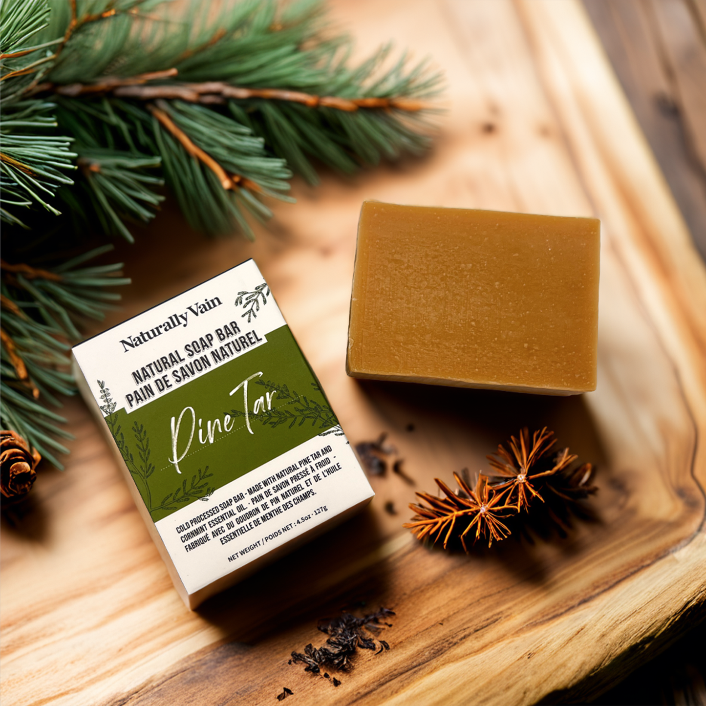 Pine Tar: Cold Processed Soap Bar with Pine Tar + Cornmint for Dry Skin and Outdoor Use